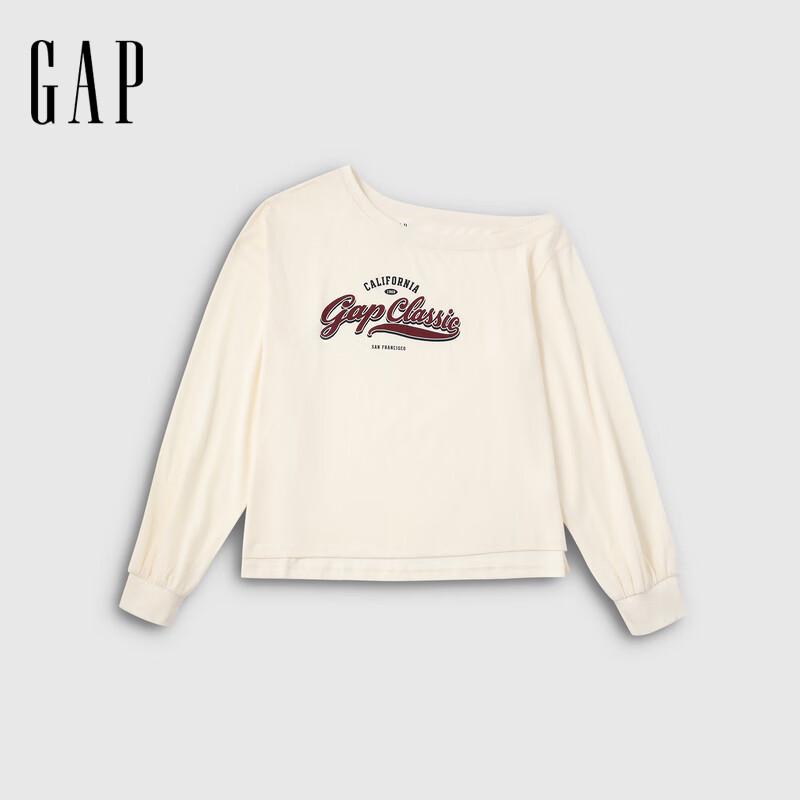 Gap Women s 2025 Fall Asymmetrical Shoulder Logo Long Sleeve Loose T-Shirt L