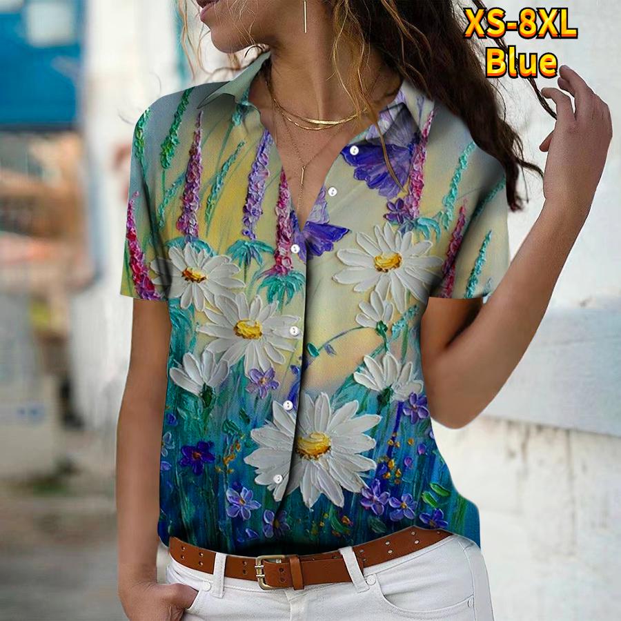 

2025 Summer New Fashion Women s Flower Printed Short Sleeve V-neck Casual Button-down Shirt Top XS синій