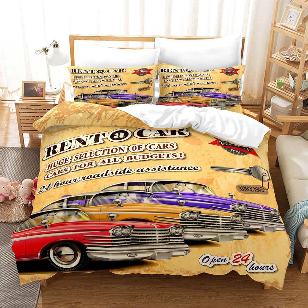 3pcs Bedding Set Hand Drawn Cars Print Duvet Cover Set Single Double King Size Bed Set for Adult Home Bedroom with Pillow Case