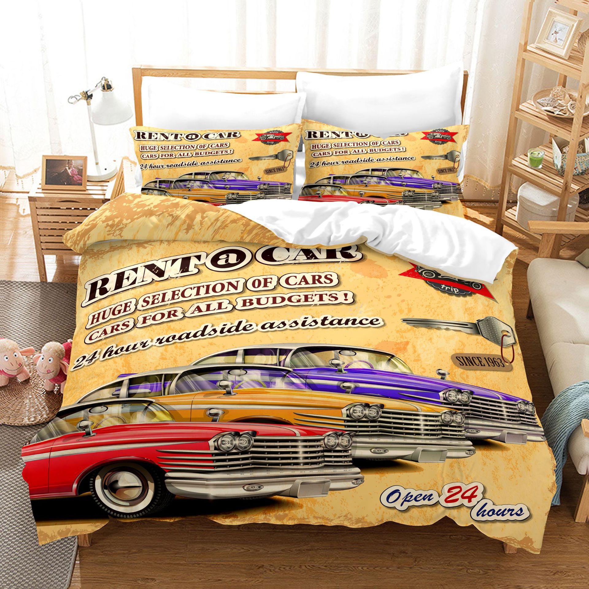 

3pcs Bedding Set Hand Drawn Cars Print Duvet Cover Set Single Double King Size Bed Set for Adult Home Bedroom with Pillow Case (135x200cm)
