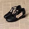 New Style of Thick-heeled Soft Leather Hollowed-out Flip-flops, One-piece Shallow Opening Breathable Low-heeled Women's Shoes