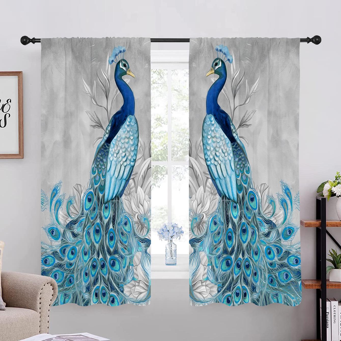 Blauer Pfau inklusive Blumen Pfauenpfau Vorhänge für Wohnbereich Luxuriöser Schlafzimmerteiler Links und Rechts 2-teilig W65X60H(cm)X2Pcs&Grommet Top
