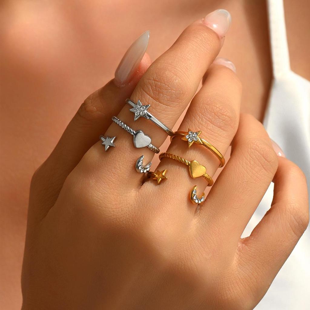 Personalized Stackable Heart, Star & Moon Stainless Steel Ring for Women