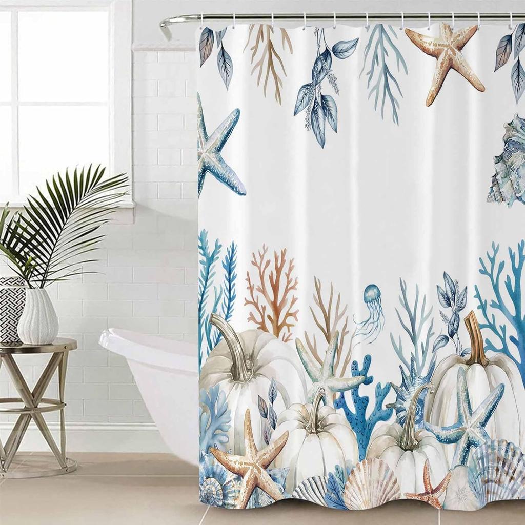 Fall Shower Curtain, Ocean Sea Thanksgiving Bathroom Shower Curtains, Seasonal Vintage Pumpkin Starfish Jellyfish Shell Shower Curtain with Hooks