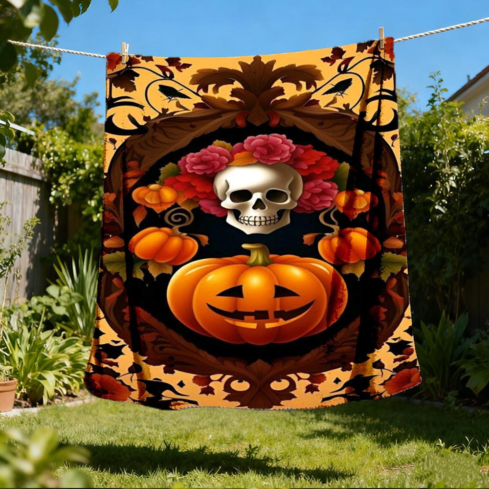 

1pc Pumpkin Skull Art Print Outdoor Blanket, Lightweight Polyester, 80x120cm