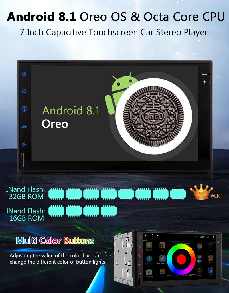 Double Din Capactive Touch Screen Car Stereo 7 Inch Car Radio Receiver Android 8.1 Octa Core 2GB+32GB Support AM//FM//RDS Radio USB SD 3G//4G//WiFi Mirror Link GPS SWC Colorful Button