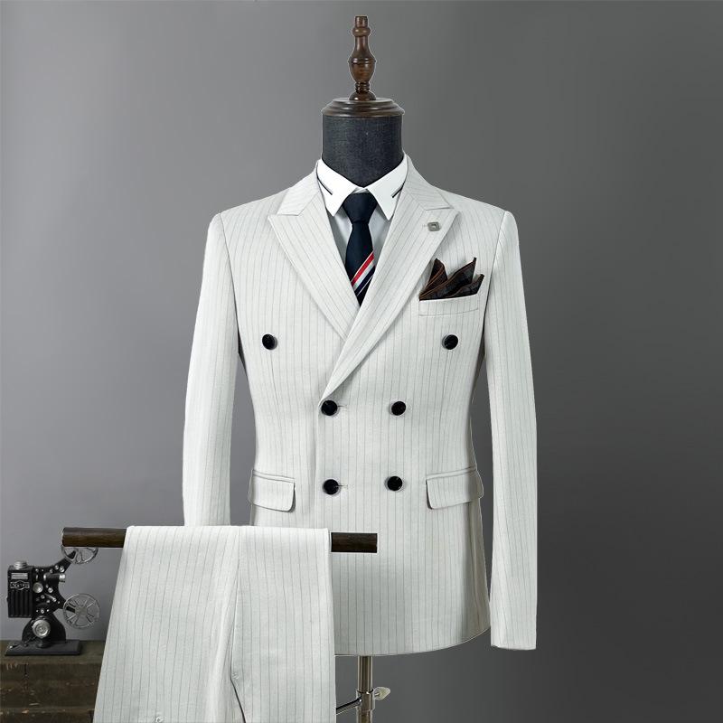 

Men s Slim Fit Double-Breasted Striped Suit - Casual, Wedding, Business, Plus Size, Korean Style XXL