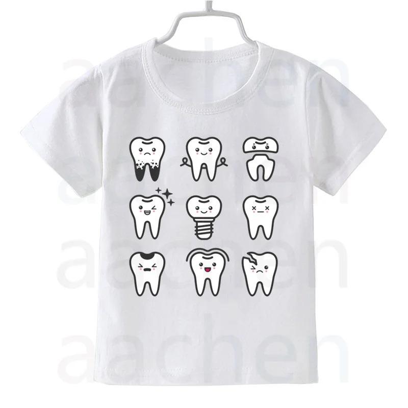 Tooth Dentist Cartoon Print Kid Cute White T Shirt Children Short Sleeve Clothing Funny Cartoon Party Top Boys and Girl Tshirt