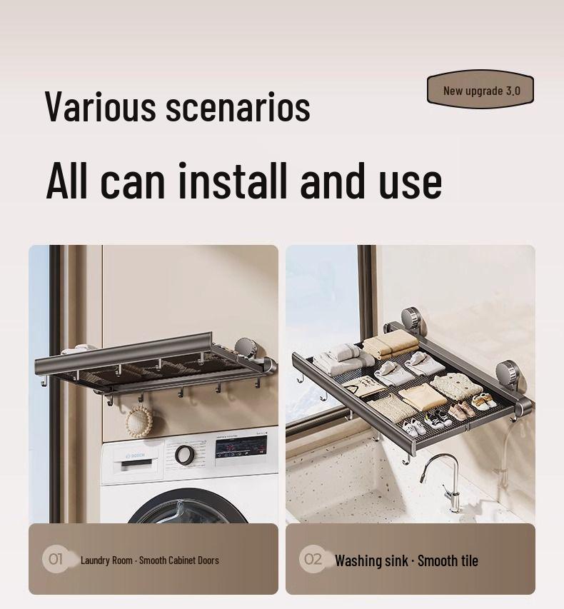 Invisible Retractable Folding Drying Rack with No-Punch Suction Cup for Balcony