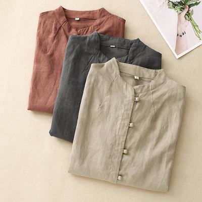 Retro Buddhist Zen Cotton and Linen Single-breasted Solid Color Shirt Women's Simple Design Niche Top