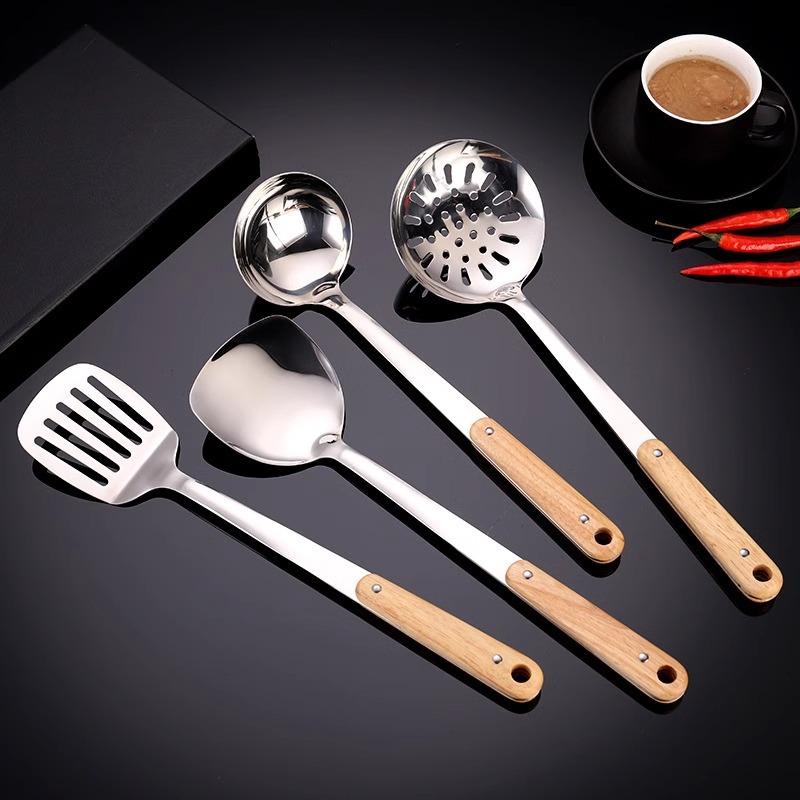 Stainless Steel Spatula with Thick Solid Wood Handle Household Cooking Spatula Soup Spoon Soup Spatula and Kitchenware