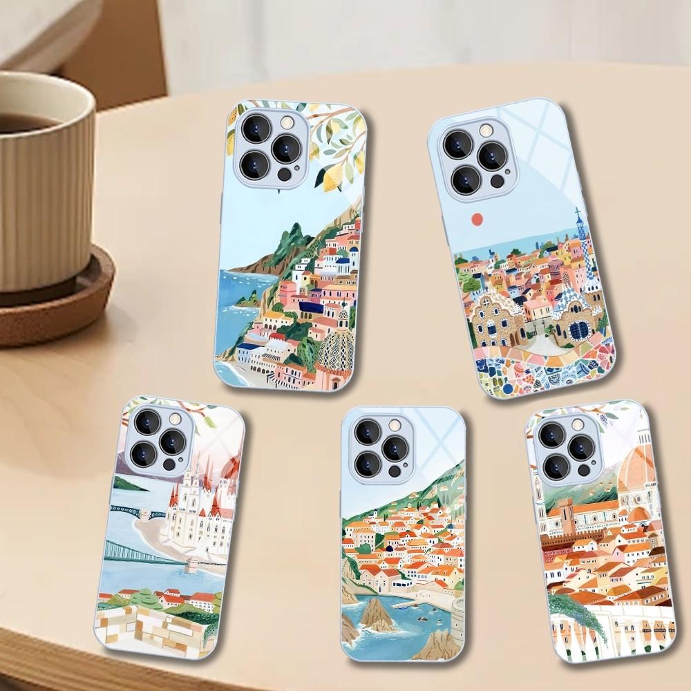Landscape Nordic Barcelona Budapest Gardasee Phone Case For iPhone Mini 11 12 13 14 Pro XS Max X Plus SE XR Tempered Glass Cover