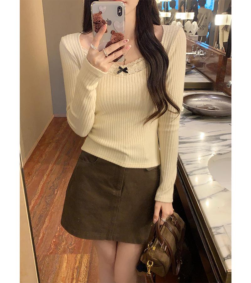 Women's Lace Bow Base Layer Top, Long-Sleeve Slim Fit, Flattering Shoulders - Perfect for Autumn/Winter Wear