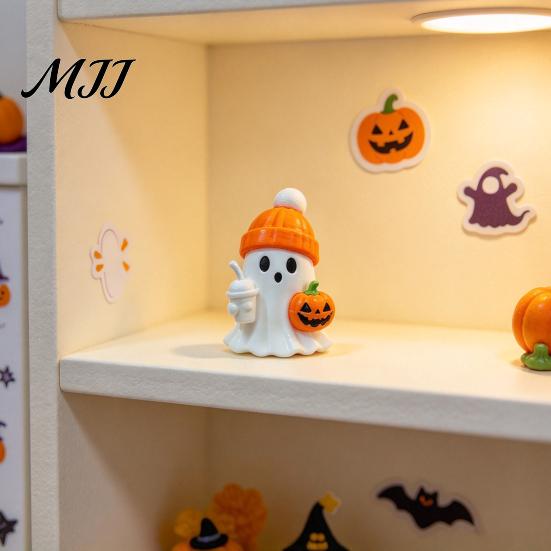 Mini Ghost Statue 3D Printed Cute Figurine with Pumpkin Milk Tea, Orange Small Desktop Ornaments Beanie Halloween Desk Ornaments, Funny Holiday