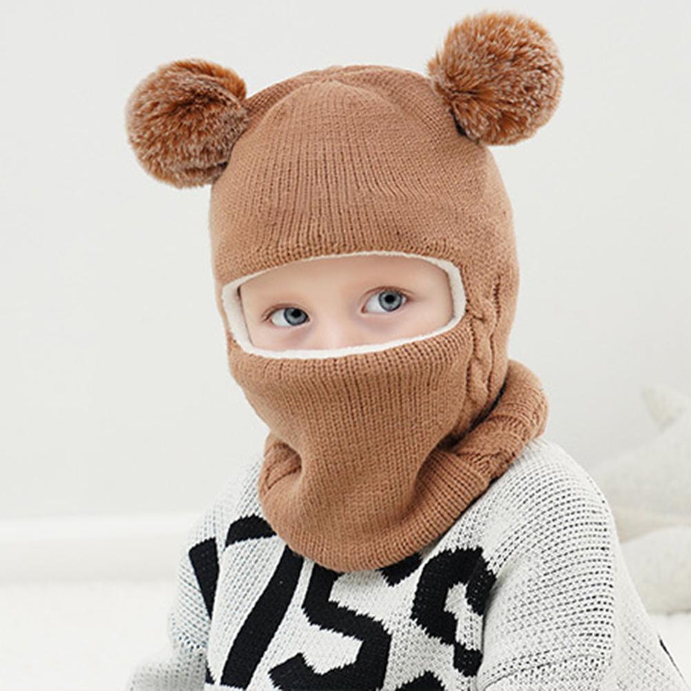 Kids Winter Hat Scarf Set Knitted Hat Scarf Earflap Thick Fleece Lined Warm Hood Hat with Pompoms for Girls Boys