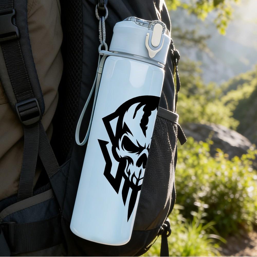 1PC Black Skull Warrior Head Print 750ml Color Plastic Sports Water Bottle Leakproof Flip Straw Lid Suitable for Sports Office Home Use