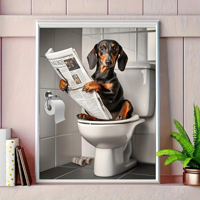 Canvas Print Wall Art for Pet Lovers,for Home Decor Bedroom,Kitchen,Living Room,Bathroom, Hotel 1pc Playful Dachshund On Toilet