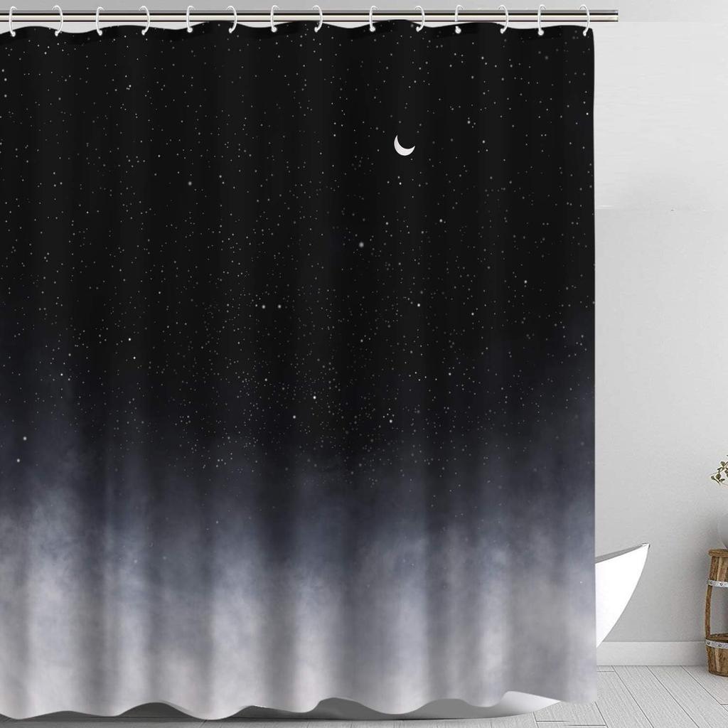 Black Shower Curtain, Starry Night Sky With Moon Design, Waterproof Fabric Bathroom Curtain For Night Theme Decor With Hooks