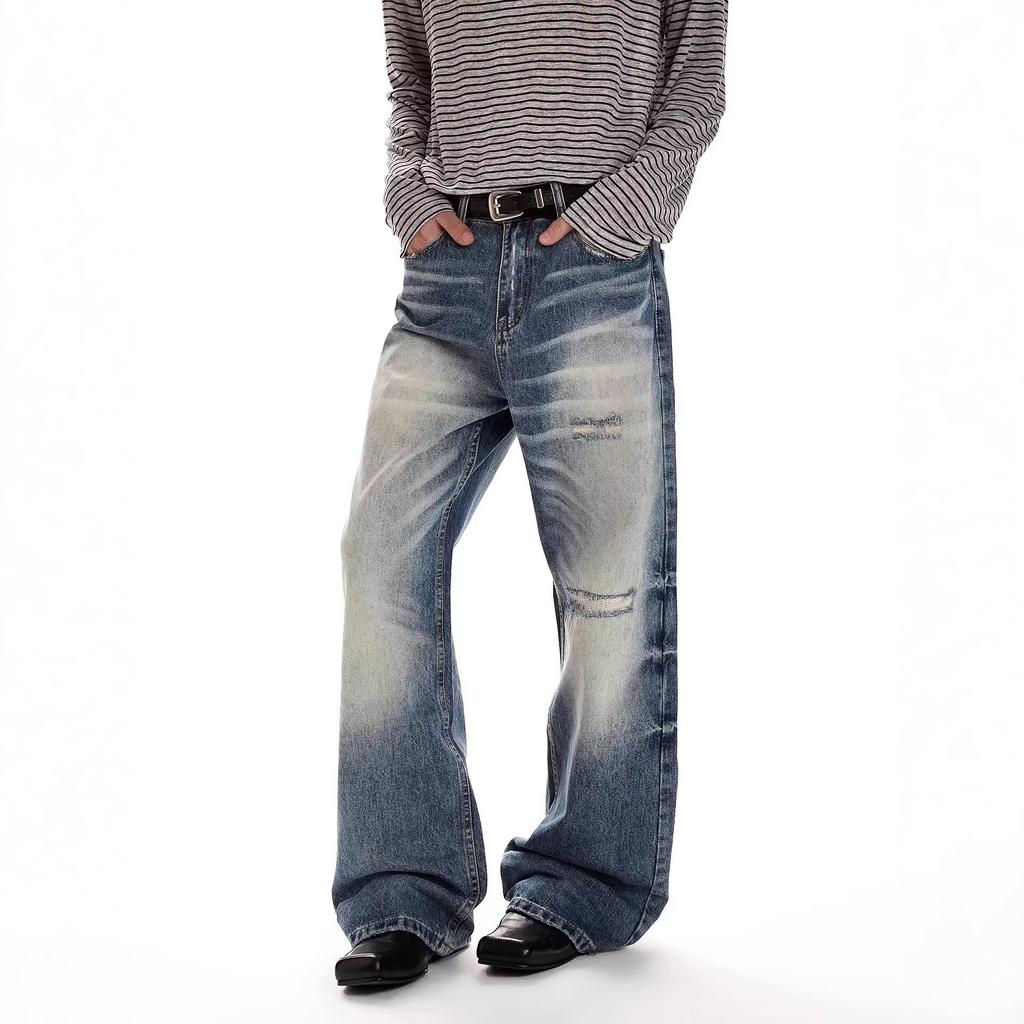 Trendy new American retro washed old destructive jeans men's and women's summer loose and versatile wide-leg pants tide
