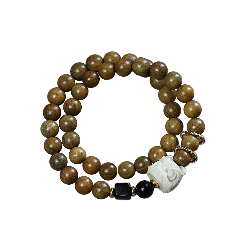Green Sandalwood Gold Thread Double Wrap Bracelet with Lion Dance Ring - Wooden Buddhist Beads, Chinese Style Couple Accessory