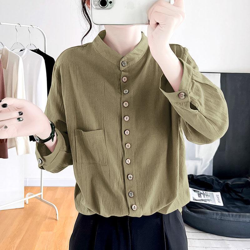 

Хлопково-льняная рубашка с воротником-стойкой и длинными рукавами, весна-лето, корейский дизайн, свободная 3XL хаки