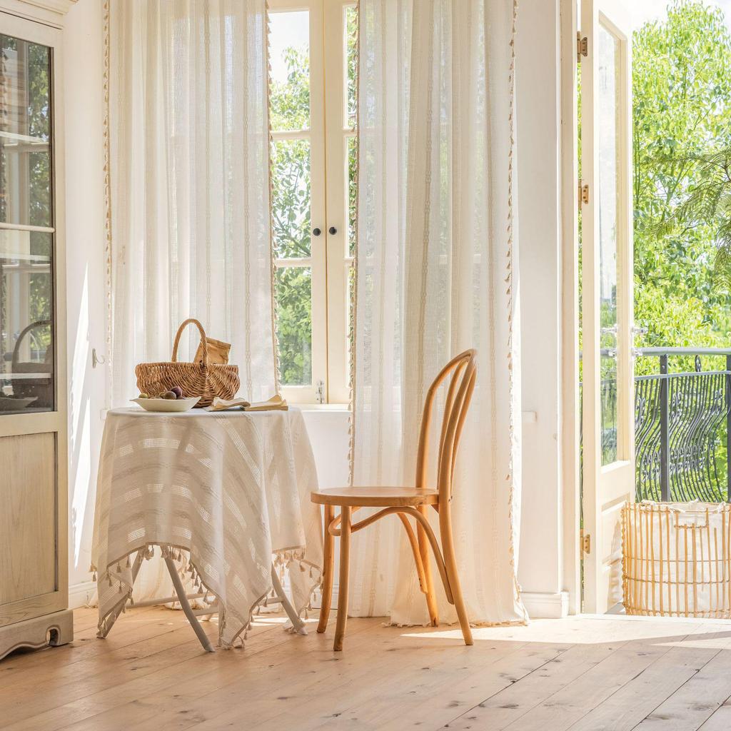 Imanqi Yun Semi-Blackout White Striped Embroidered Curtains for Kitchen & Living Room Windows