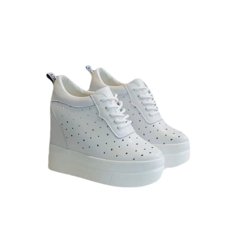 Fashion 11cm Genuine Leather Women Shoes Summer Platform Flats Shoes Summer Women Hollow Super High Heel Loafers Zapatos De Mujer