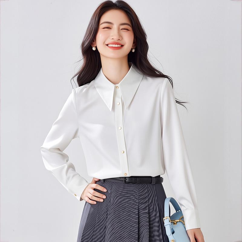 Women's Chic Early Spring Glossy Satin Long-Sleeve Shirt - Fashionable High-End Office Wear