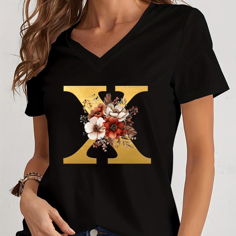 Vintage Flower Alphabet Graphic T Shirts Women Alphabet Rose Gold Essential Women Clothing Gift for Alphabet Floral Lover Tshirt