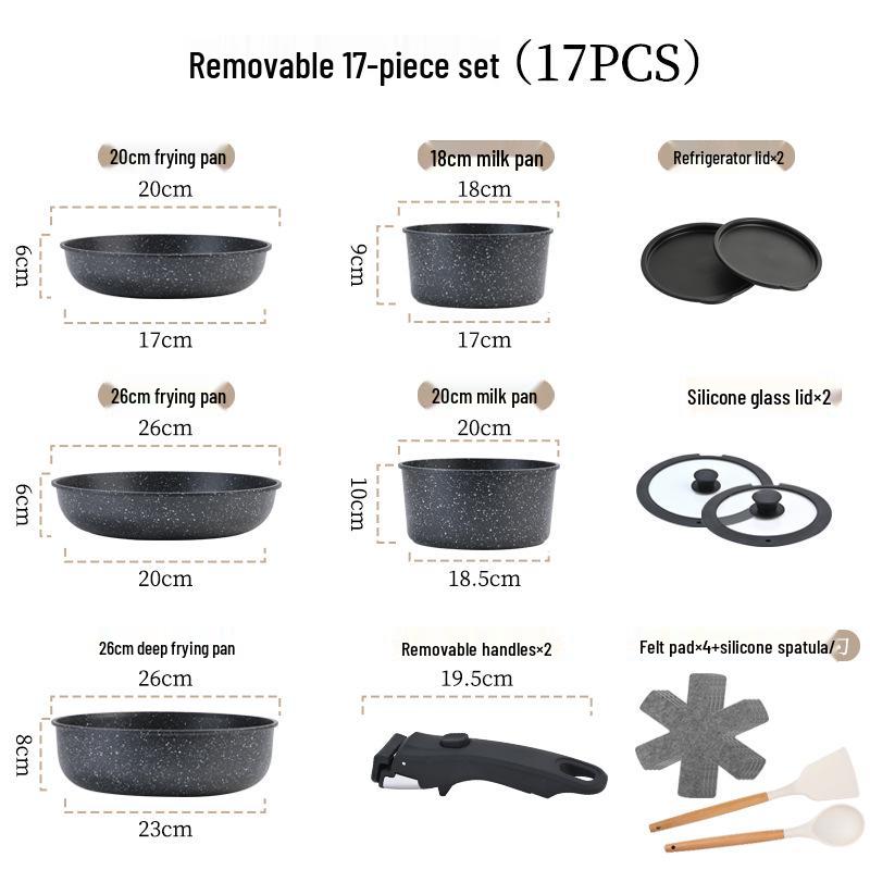 Detachable Handle Non-Stick Maifan Stone Cookware Set: Stir-Fry & Flat-Bottomed Pan for Induction Cookers.