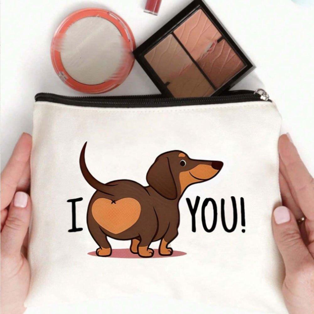 Funny Dachshund Butt Makeup Bag - Cute Brown Puppy with "I YOU!" Heart, Mini Zip-Free Purse for Women, S, Teachers