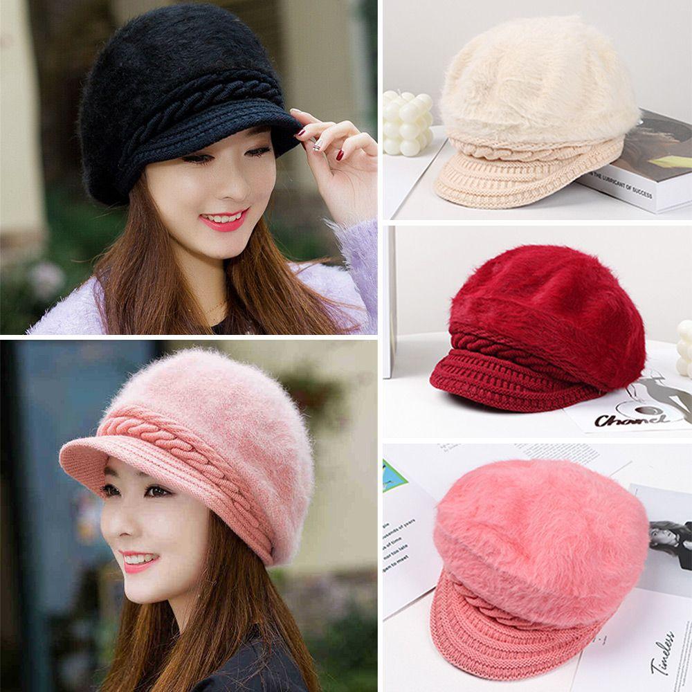 Women Casual Vintage Plush Skullcap Knitted Visor Beret Hat Beanie Hat
