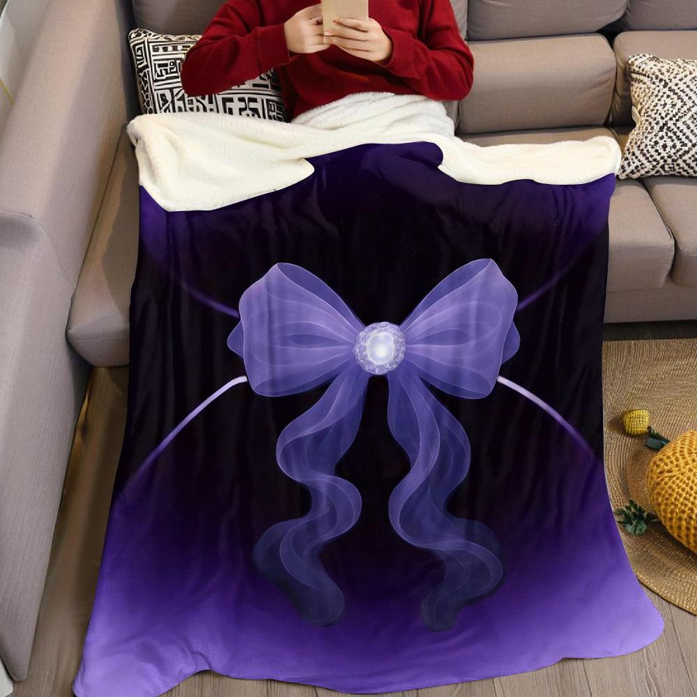 Lavender Sheer Bow Flannel Blanket Warm Soft Halloween Christmas Couch Warm Cozy Decorative Decor Gift for All Season