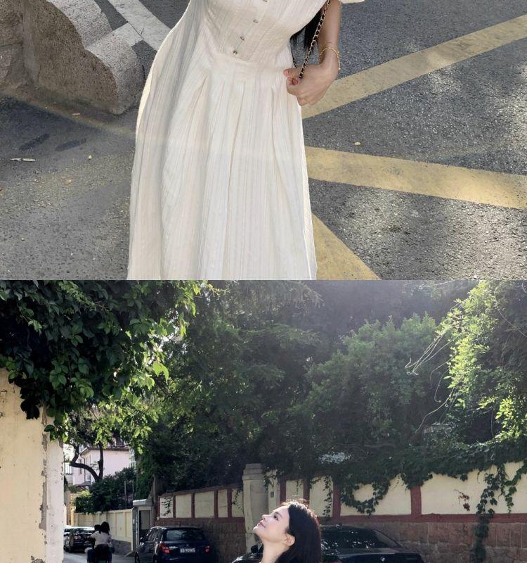 Women's White Puff Sleeve A-Line Dress - Slim Waist, Wide Hem, Chic First Love Style