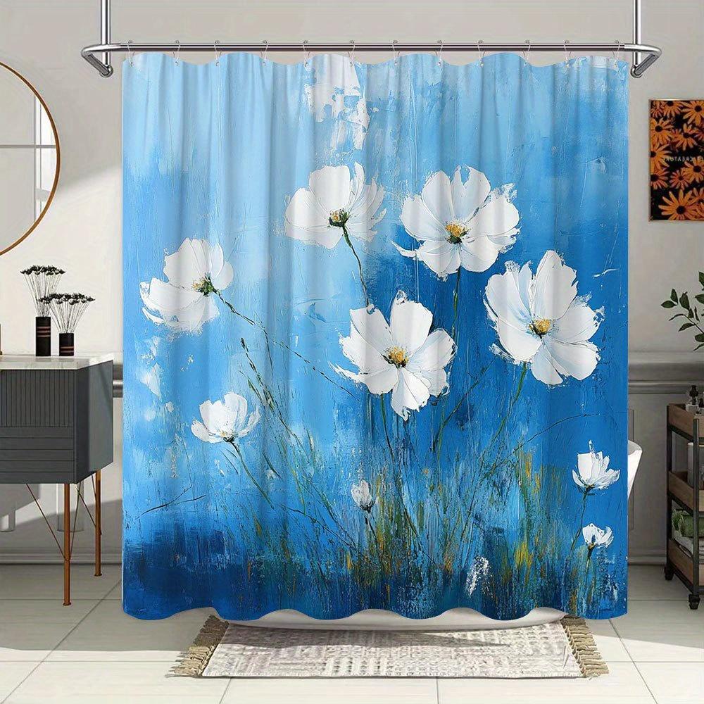 1Pc White Poppies Shower Curtain Oil Painting Style - Textured Brushstrokes, Delicate Petals & Vivid Blue Sky Design 70X70 Inche