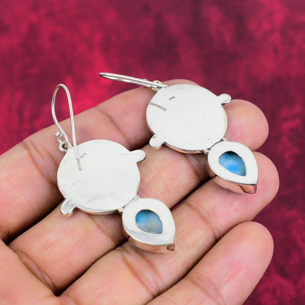 Larimar 925 Solid Sterling Silver Earrings, Handmade Gemstone Jewelry Earrings For Memorial Day