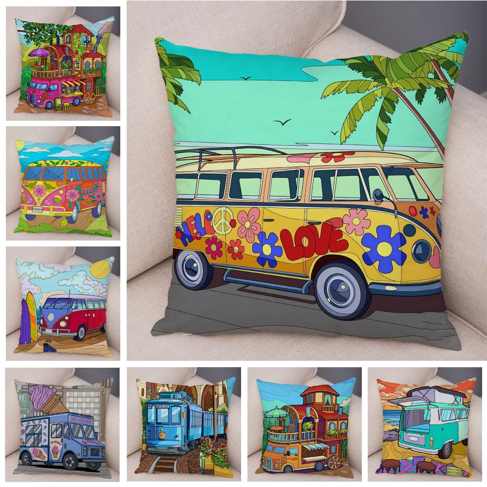 Federa Cuscino Happy Camper Casa Cartone Animato Auto da Viaggio Copricuscino Divano Casa Super Morbida