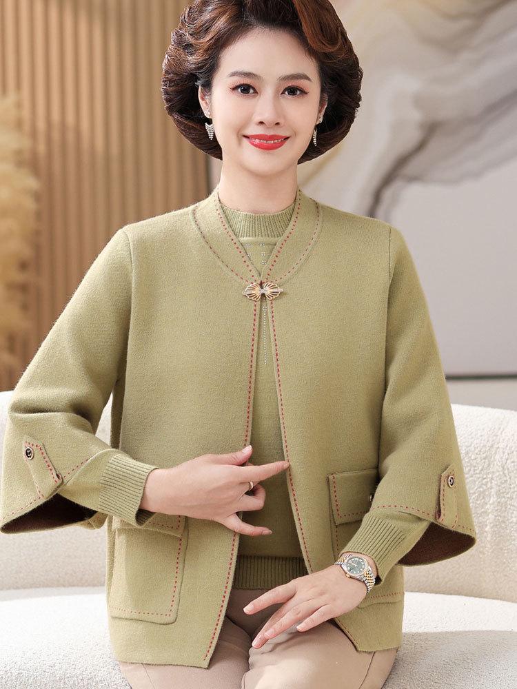 Conjunto de Punto de Dos Piezas de Lana Roja Hengyuanxiang para Mujeres de Mediana Edad y Mayores - Atuendo Feliz para el Día de la Suegra Otoño/Invierno.