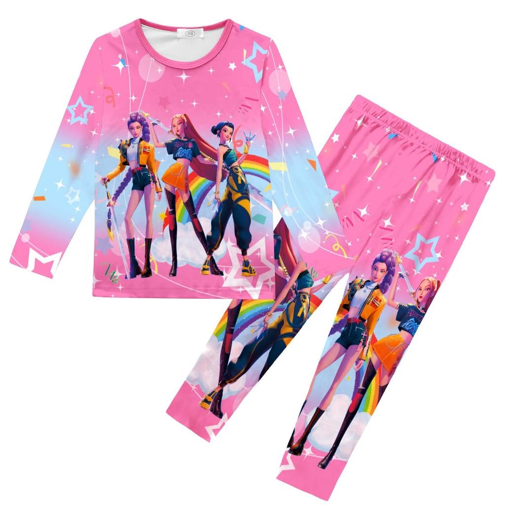 Kids Girls K-POP Rumi Mira Zoey Print Long Sleeves T-Shirt Top Pants Trousers Pajamas Sleeping Sleepwear Sets