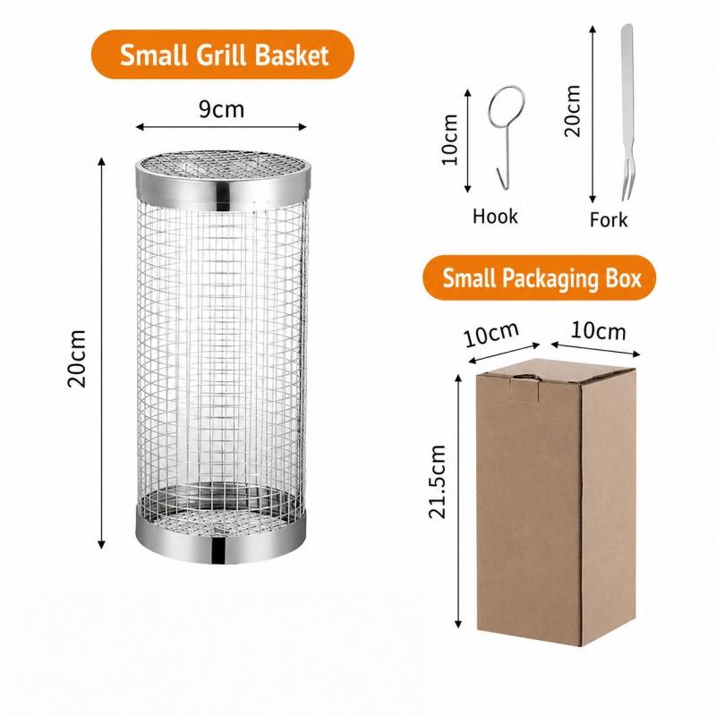 Stainless Steel Cylinder Barbecue Rolling Grilling Basket Rack Cooking Grill Grate Outdoor Round BBQ Grid Travel Camping Picnic