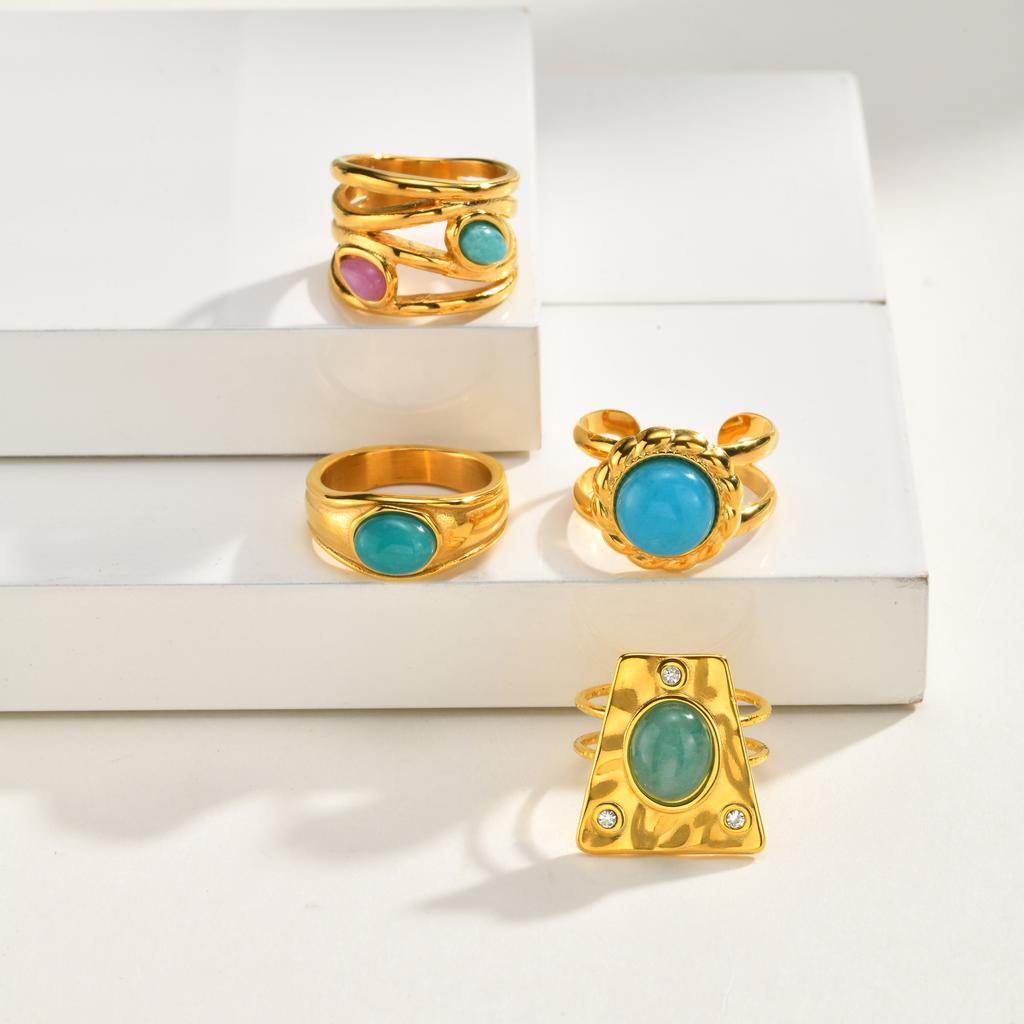 Boho Natural Stone Statement Ring for Women, Geometric Shield Multi Layer Open Band, Aesthetic Stackable Jewelry