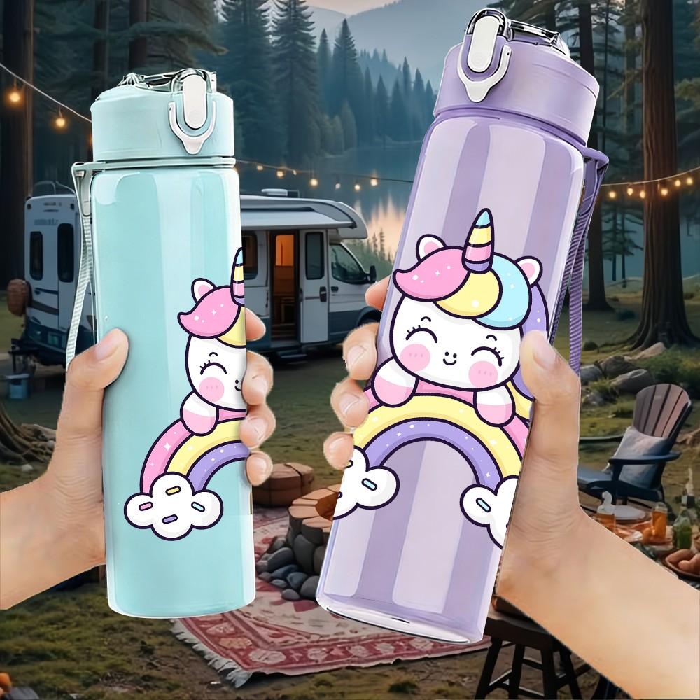 1PC Unicorn Cartoon Pattern 750ml Color Plastic Sports Water Bottle Leakproof Flip Straw Lid Suitable for Sports Office Home Use
