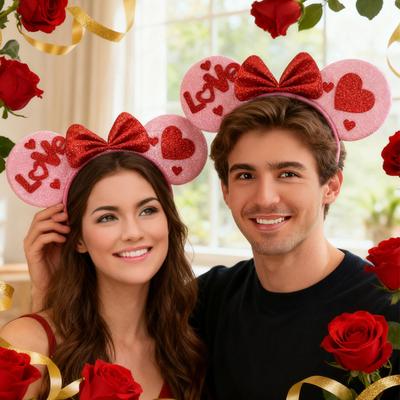 Yousheng valentýnská čelenka s třpytivou červenou růžovou srdíčkovou lesklou roztomilou vlasovou linií do uší pro valentýnský kostým na narozeniny, svatební párty