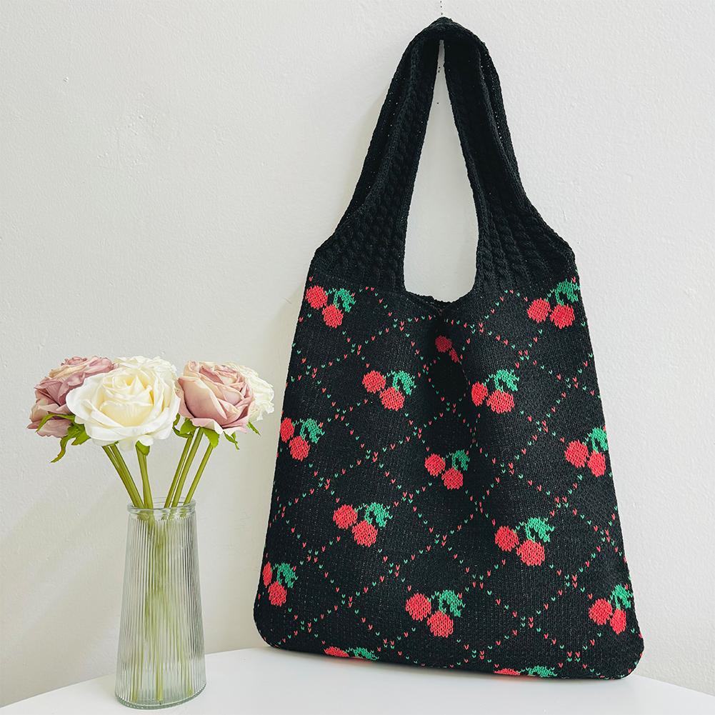 Fashion Cherry Knitting Shoulder Bag for Women Raffia Woven Boho Hand Bag Large Travel Shopping Bag Causal Crochet Tote Handbags
