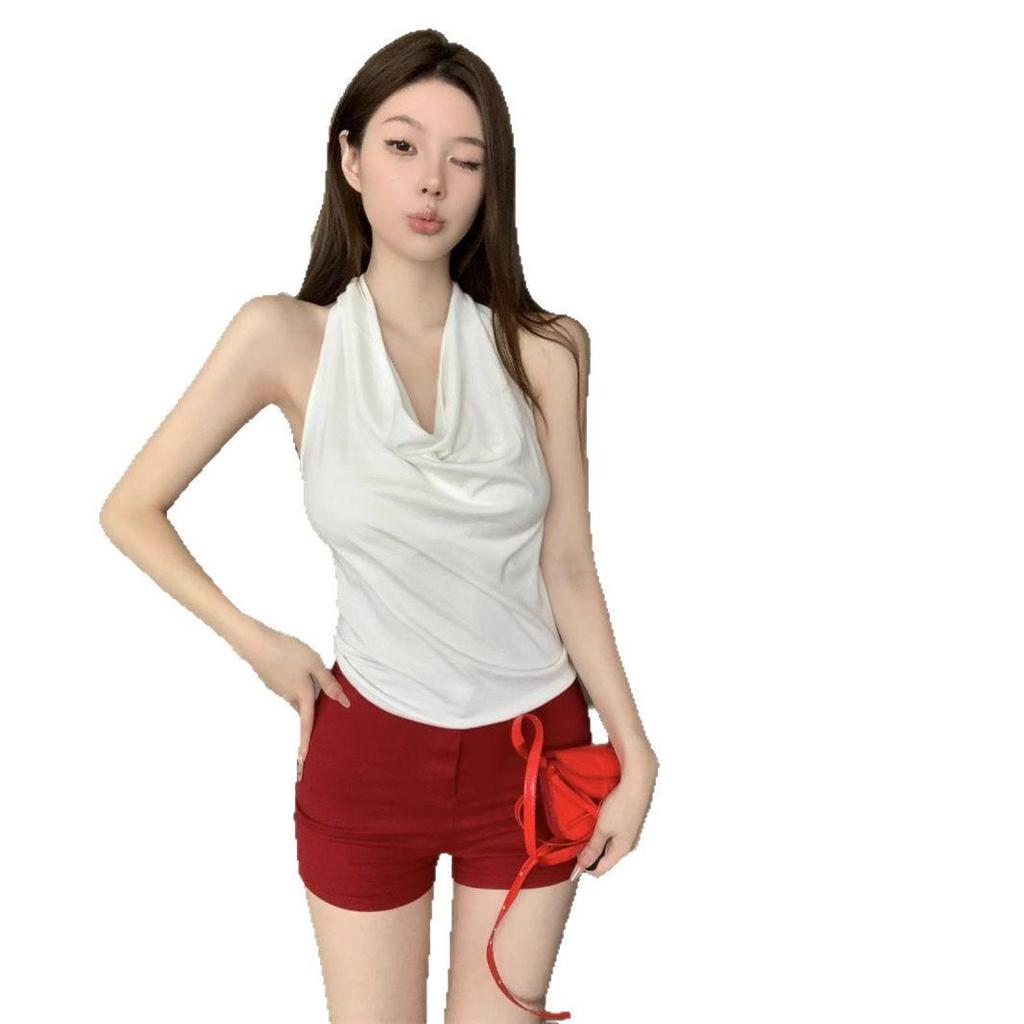Spicy Girl Weißes Neckholder-Tanktop mit Wasserfallausschnitt - Damen Sommer Ärmelloses Rückenfreies Top.