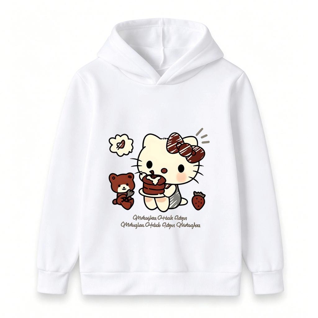 Kids Boys Girls Hooded Pullover Sweatshirt Cute Cartoon Cat Print Chocolate Cake Bear Strawberry Casual Soft Loose Hoodie for Toddlers
