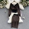Fashion Comfy Women Dress Elegant Two Piece Set Knitted Tops And Pencil Skirts Office Style Ladies Skirt