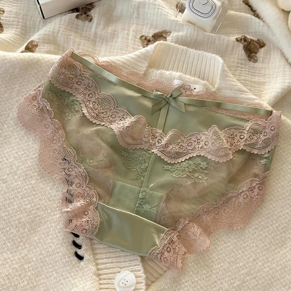 Mesh Transparent Lace Panties Seamless Lace Bow Briefs Thin Underwear for Women  Summer