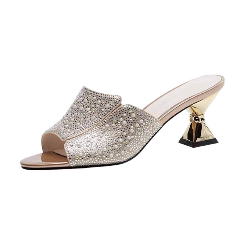 French niche temperament thick heel slippers sandals women's versatile comfortable rhinestone high heel cool slippers summer wear one-word drag