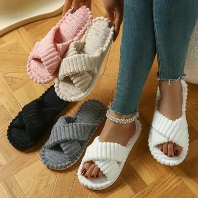 Plüsch-Hausschuhe mit offenen Zehen für Damen, Warme Plüschschuhe mit dicker Sohle für drinnen, Baumwoll-Hausschuhe für Damen